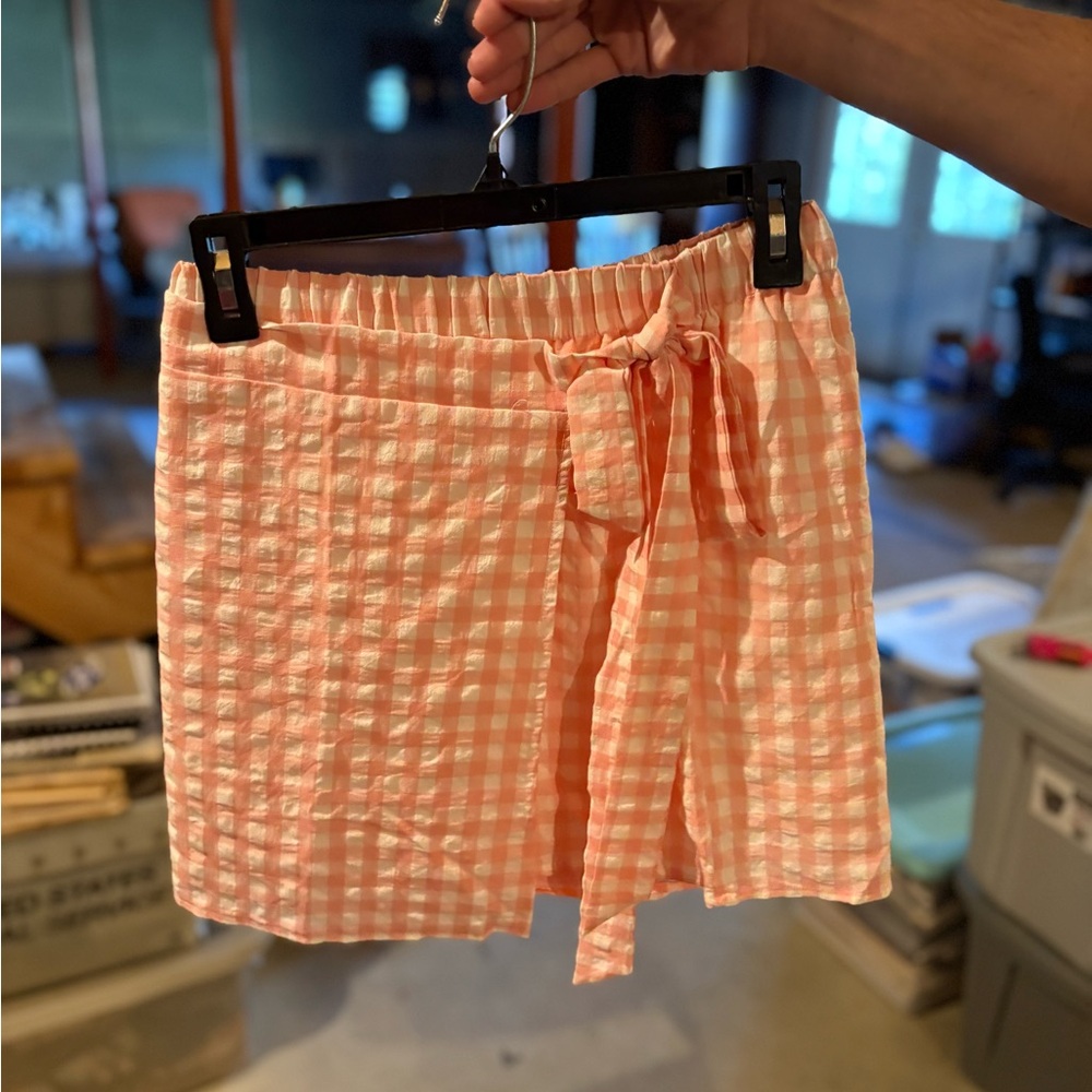 Peach Gingham Skirt with Bow Tie